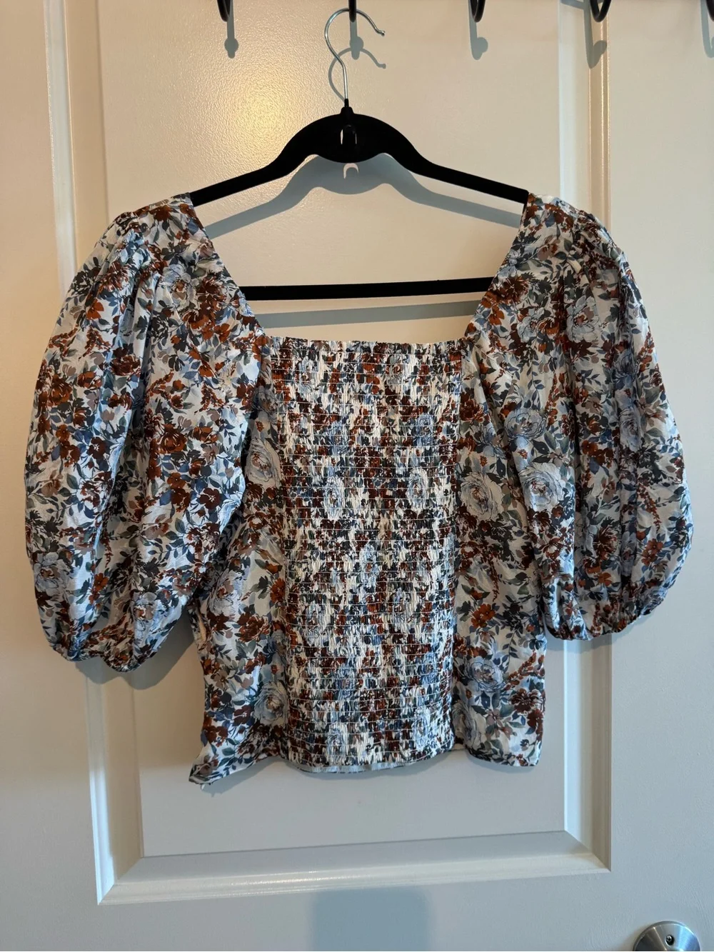 Abercrombie & Fitch Brown and Blue Floral Puff-Sleeve Square Neck Top